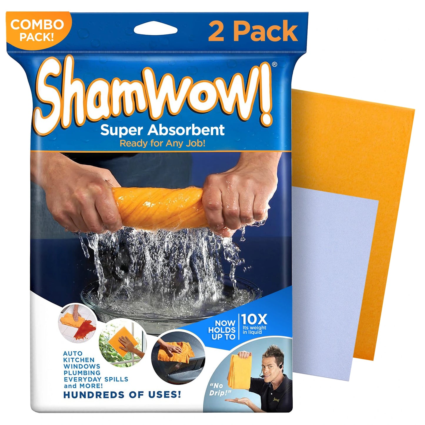 Shamwow super absorbent product packaging with a hand holding the product and water splashing.