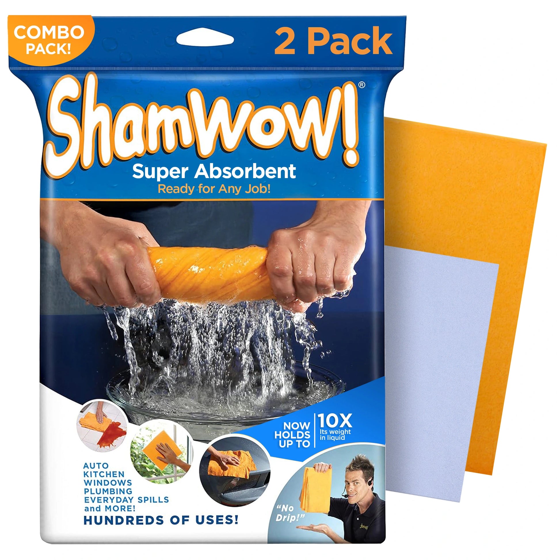 Shamwow super absorbent product packaging with a hand holding the product and water splashing.