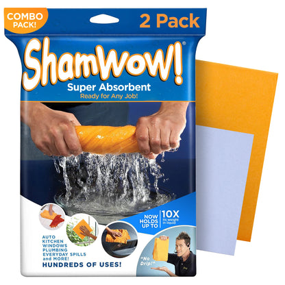 Shamwow super absorbent product packaging with a hand holding the product and water splashing.